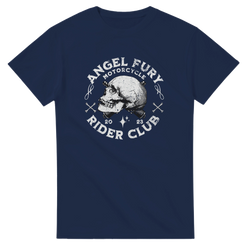 Navy blue Angel Fury Rider Club graphic tee featuring a distressed white biker skull and motorcycle text design for men.
