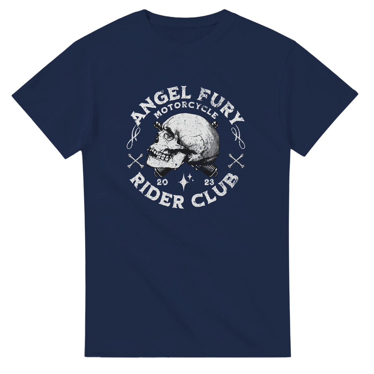 Navy blue Angel Fury Rider Club graphic tee featuring a distressed white biker skull and motorcycle text design for men.