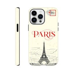 Vintage Paris iPhone case featuring an Eiffel Tower sketch, red script text, and an airmail stamp design for drop protection.