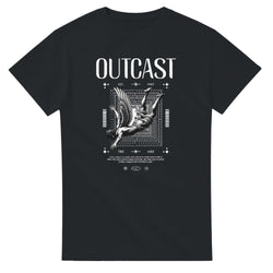 Outcast men's graphic T-shirt with winged artwork on grid, soft cotton blend, grey/blue/black, sizes S–XL.