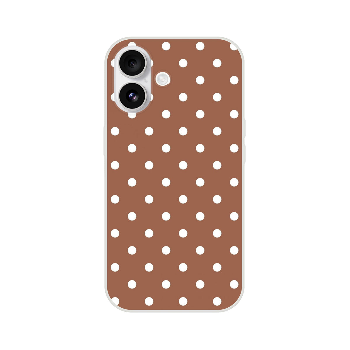 Retro brown and white polka dot iPhone case with slim matte finish and shock absorbing TPU protection for models 13-16.