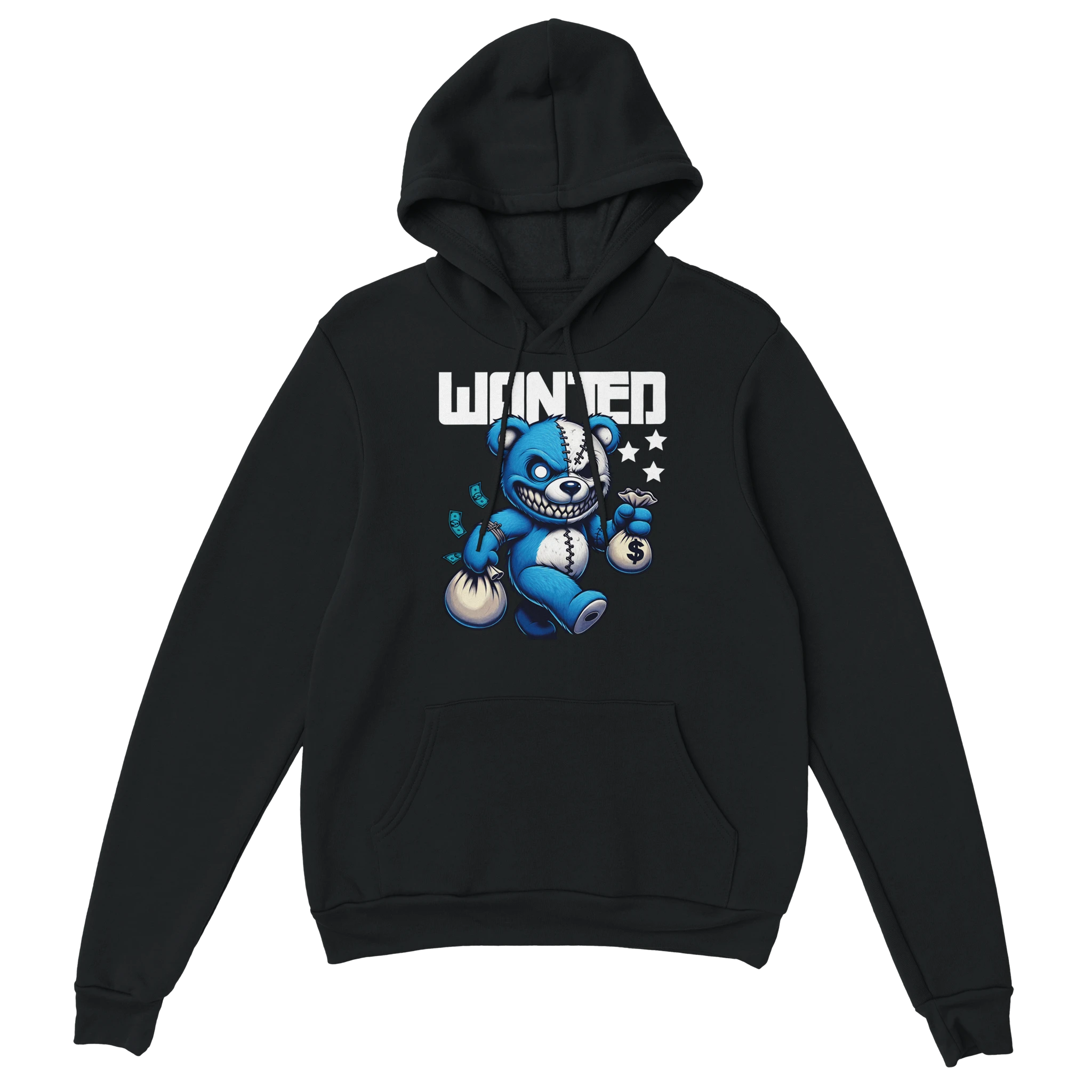Men's Wanted Teddy Bear Hoodie on black cotton blend with blue bear graphic and money bags.