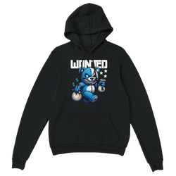 Men's Wanted Teddy Bear Hoodie on black cotton blend with blue bear graphic and money bags.
