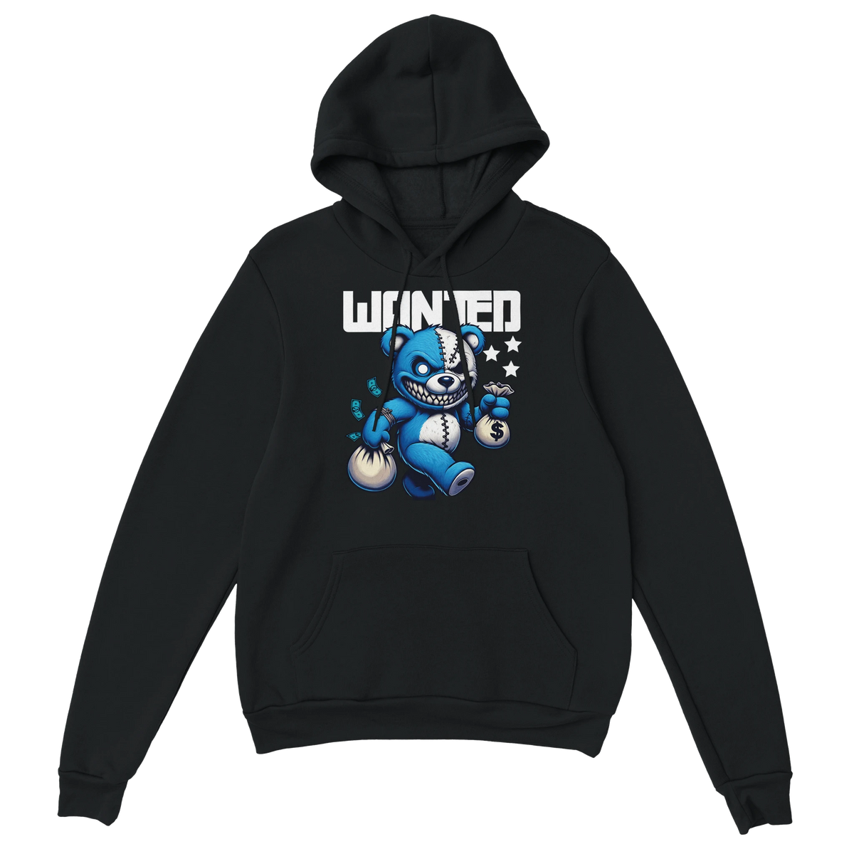 Men's Wanted Teddy Bear Hoodie on black cotton blend with blue bear graphic and money bags.