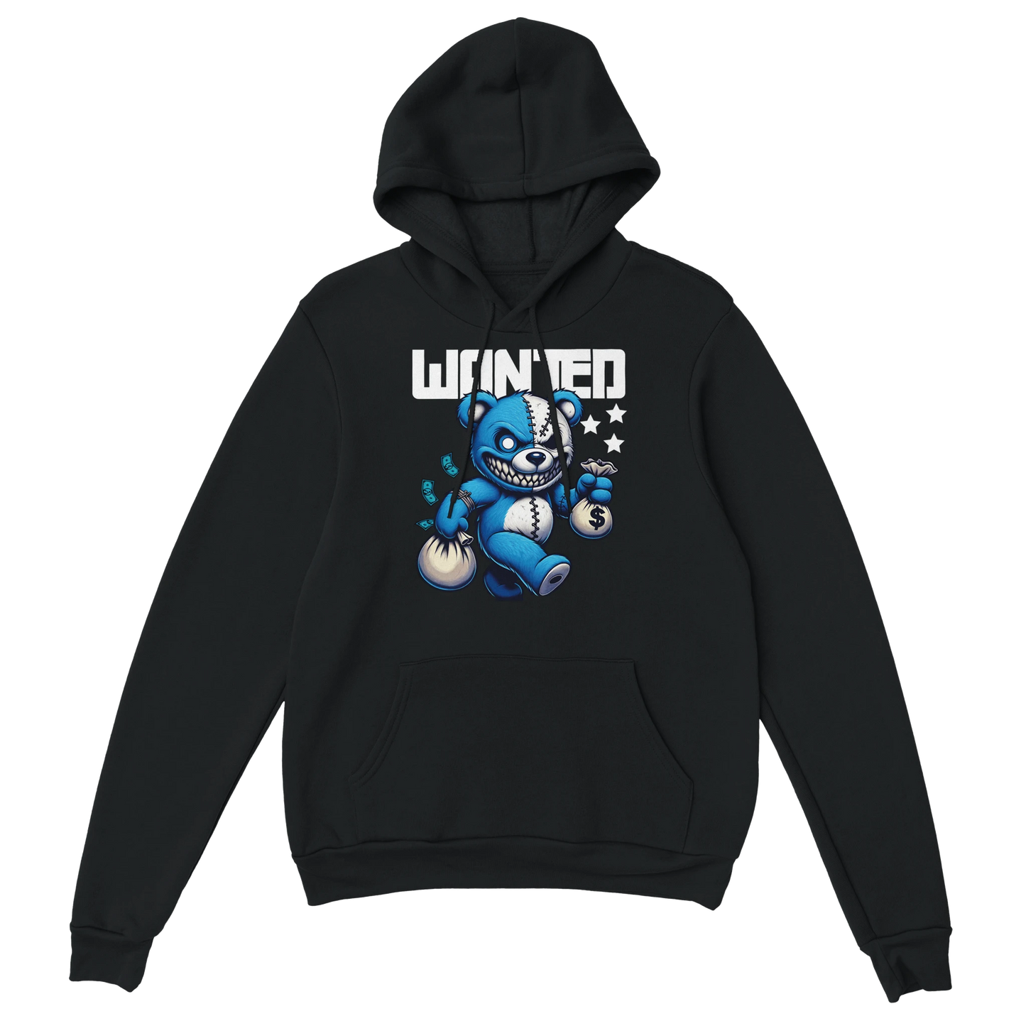 Black men's teddy bear hoodie with a blue bear graphic and 'WANTED' text on a white background. 3