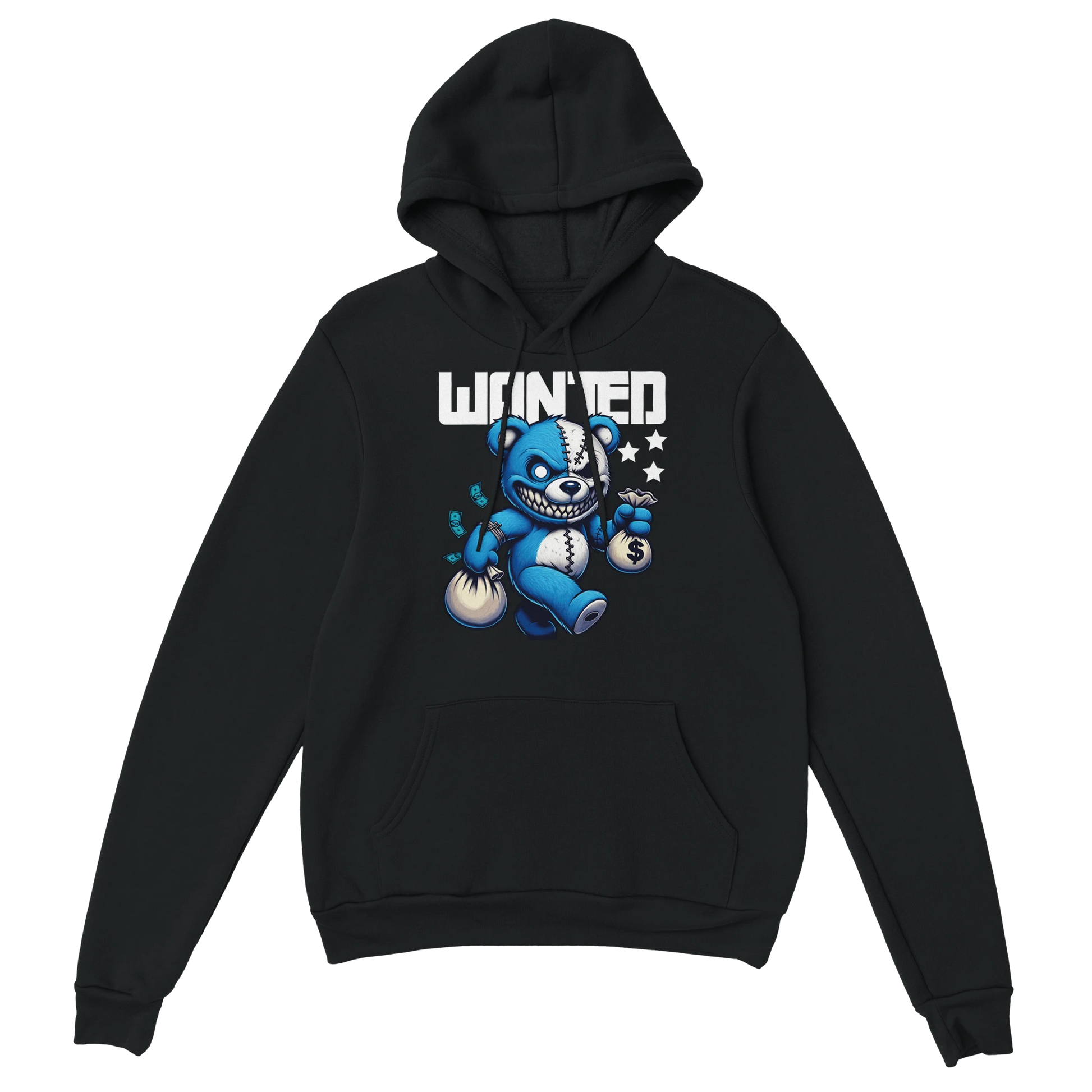 Black men's teddy bear hoodie with a blue bear graphic and 'WANTED' text on a white background. 3