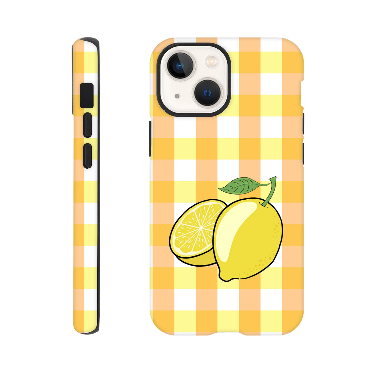 Yellow and orange gingham iPhone case featuring a whole lemon and slice design for drop protection.