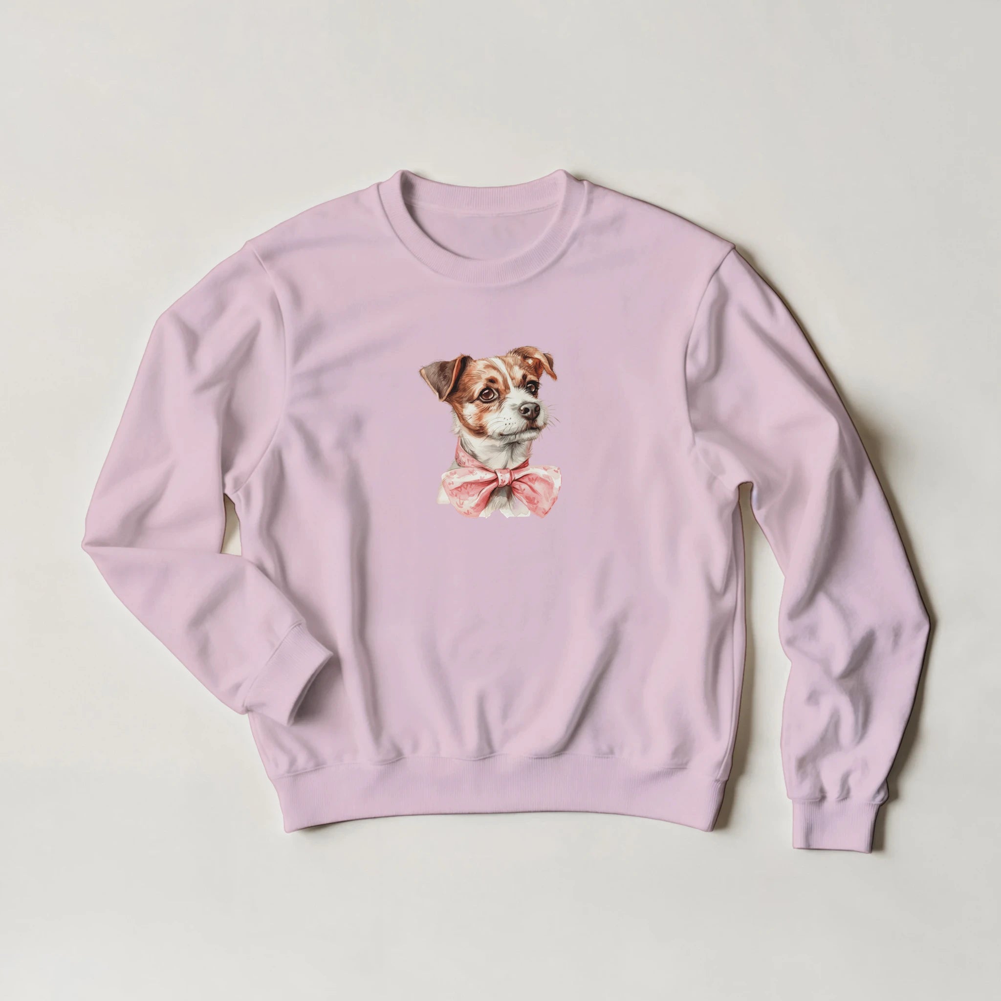 Pastel pink Classic Unisex Crewneck Sweatshirt with a dog in a pink bow tie; 50/50 cotton-poly, air jet yarn.