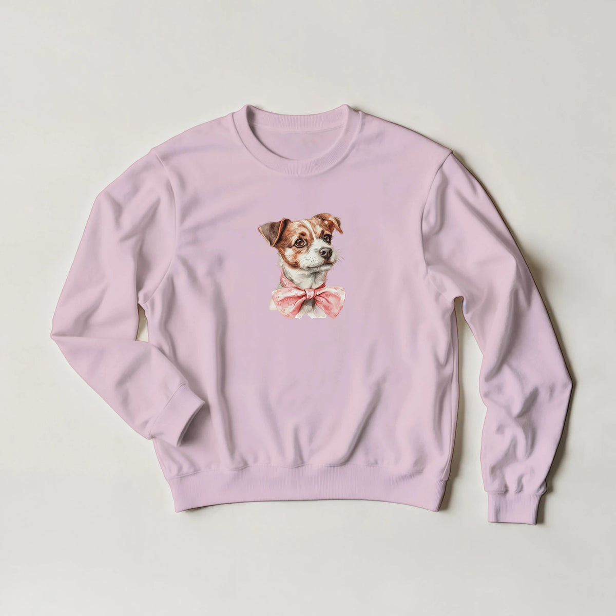Pastel pink Classic Unisex Crewneck Sweatshirt with a dog in a pink bow tie; 50/50 cotton-poly, air jet yarn.