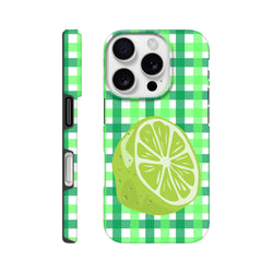 Lime gingham iPhone case with large citrus slice graphic, green checkered pattern, and tough protective design for daily style.