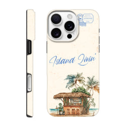 Island Livin beach bar phone case with palm trees and tiki hut design for iPhone 13-16 holiday cover