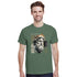 Man wearing a green Gothic Gods graphic T-shirt with a classical bust and laurel crown, soft cotton blend.
