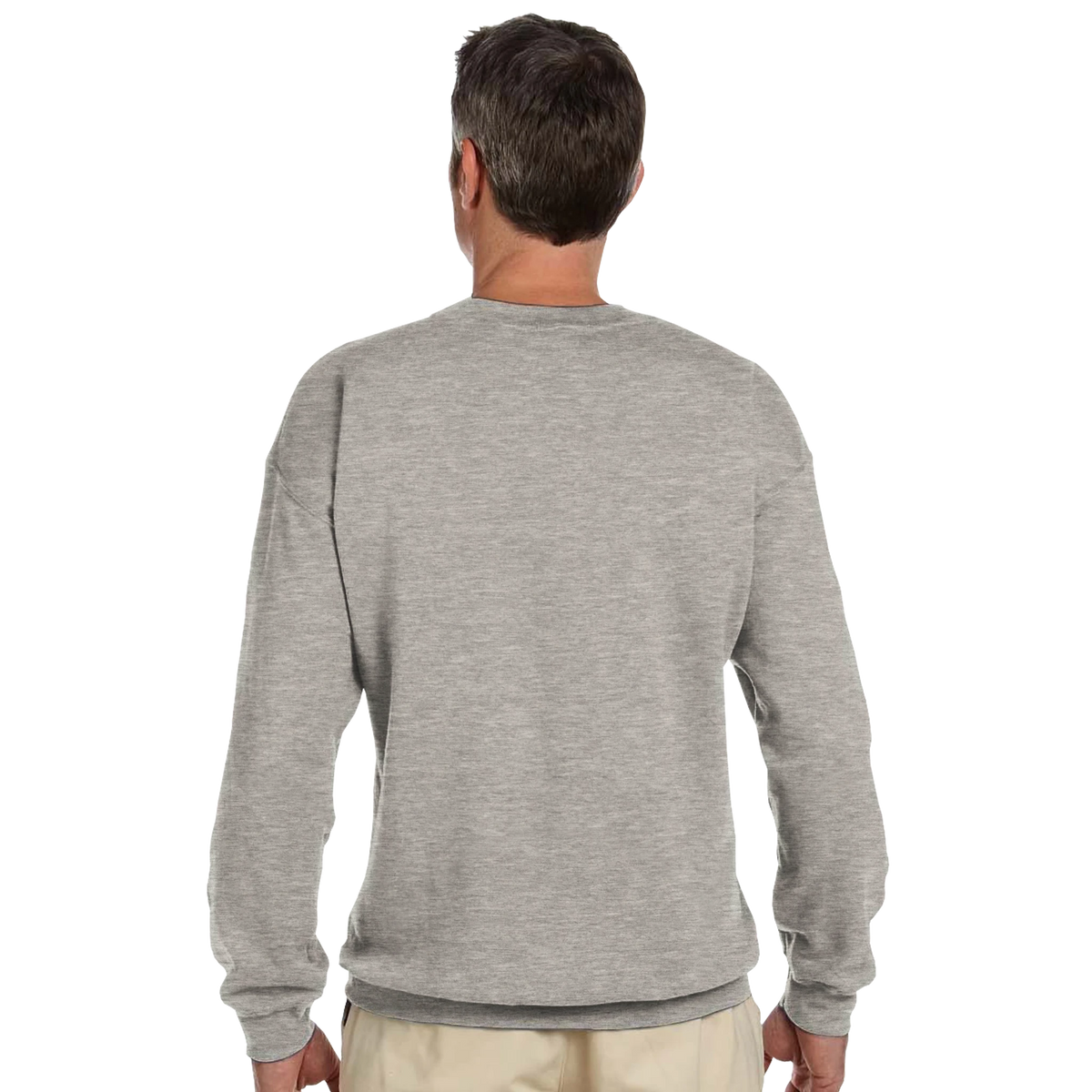 Back view of a heather grey retro cassette tape sweatshirt for men, featuring a vintage 90s music graphic jumper design.