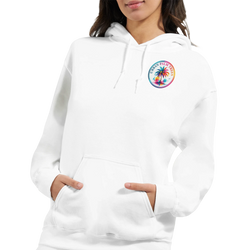 White women's hoodie with colorful retro palm tree logo on chest, featuring front pocket, drawstrings, and tropical throwback streetwear style.