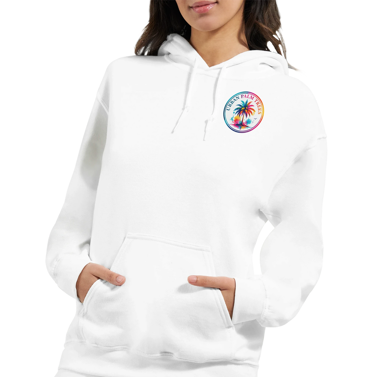 White women's hoodie with colorful retro palm tree logo on chest, featuring front pocket, drawstrings, and tropical throwback streetwear style.