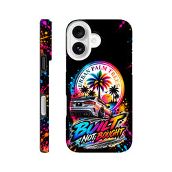 Built Not Bought iPhone case with modified car against Urban Palm Trees sunset and colorful paint splatters.