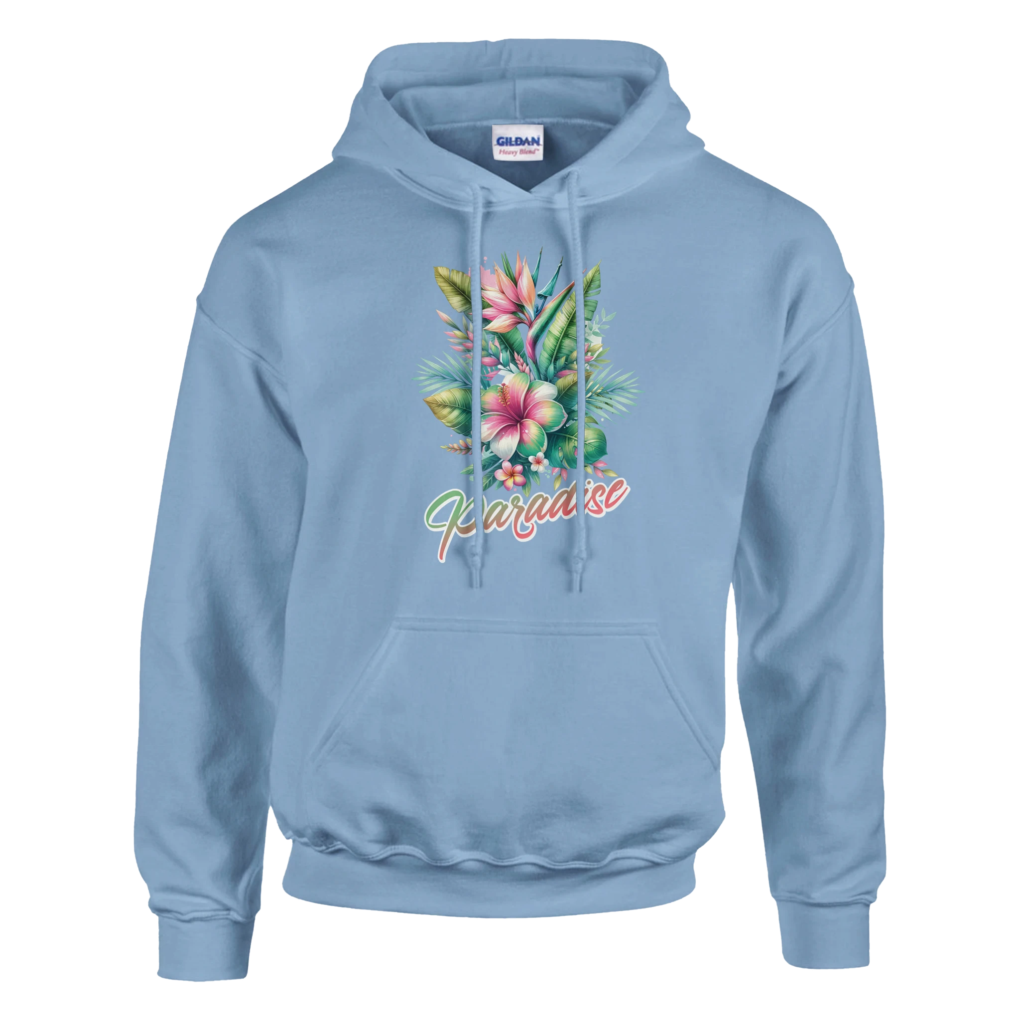 Light blue women's Y2K Paradise hoodie featuring tropical palm trees and Paradise script.