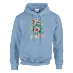 Light blue women's Y2K Paradise hoodie featuring tropical palm trees and Paradise script.
