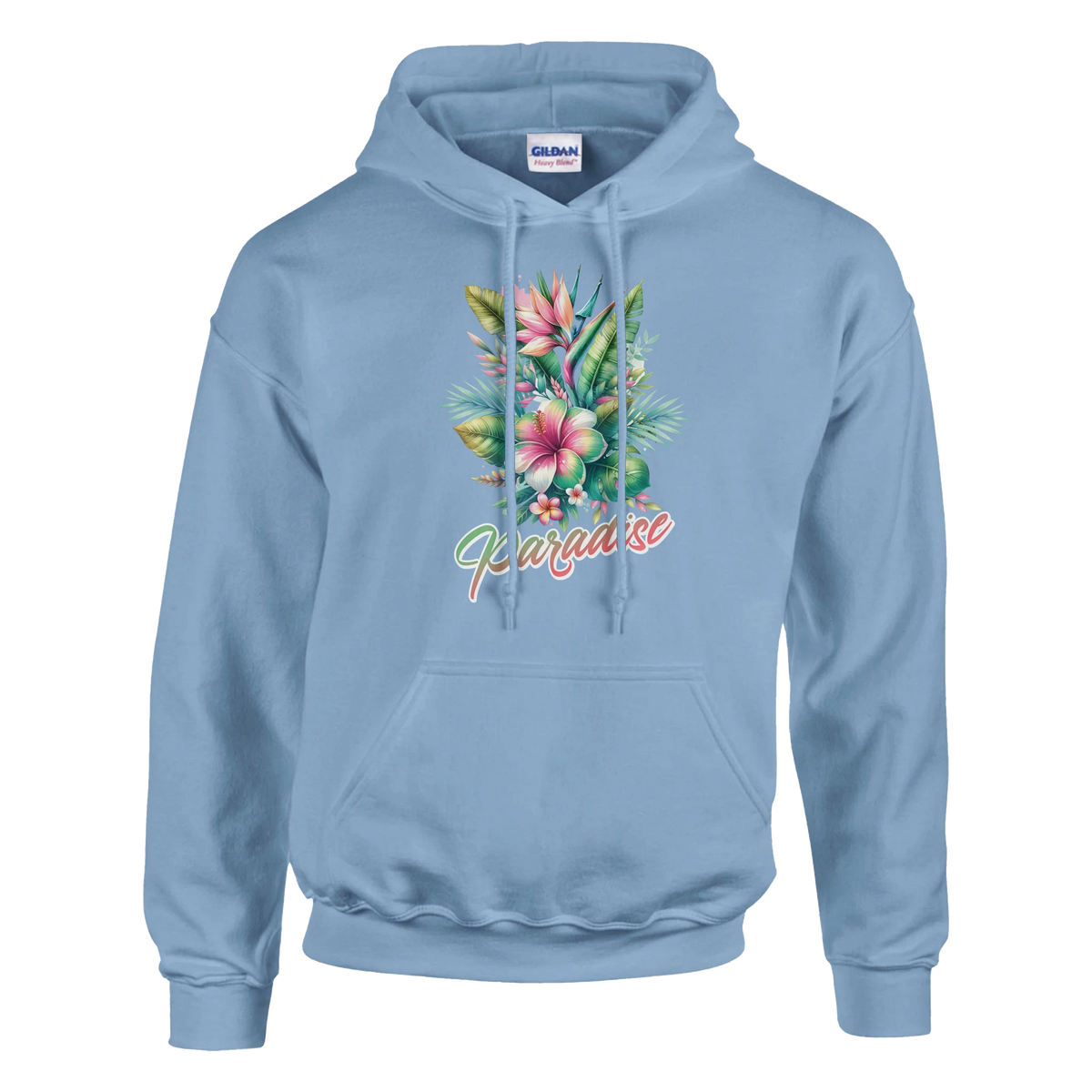 Light blue women's Y2K Paradise hoodie featuring tropical palm trees and Paradise script.