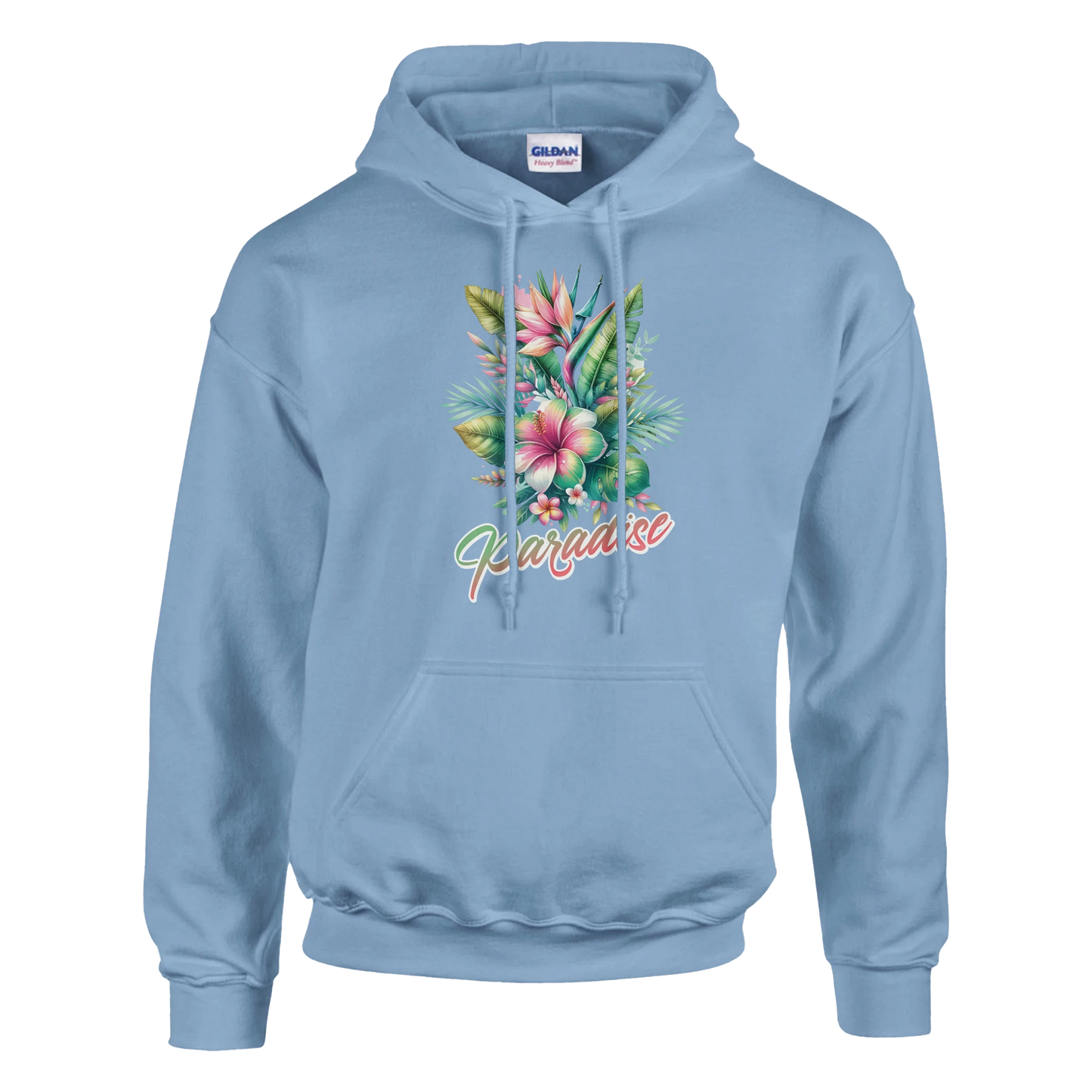 Light blue women's Y2K Paradise hoodie featuring tropical palm trees and Paradise script.