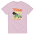 Pink women's Tropical Dreamer graphic tee with palm trees, sunset and beach scene on soft cotton blend.