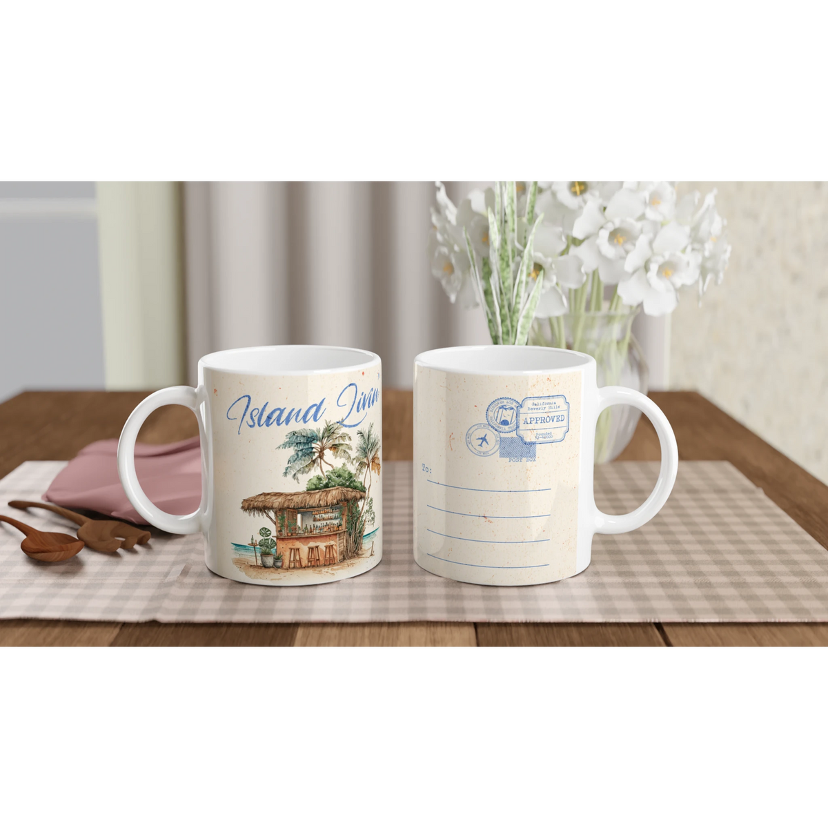 Two retro postcard mugs with island scenery and postal designs on a checkered table.