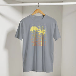 Grey women's summer T-shirt on a wooden hanger featuring a yellow retro palm tree graphic.