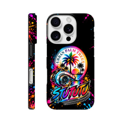Turbo Petrolhead iPhone case featuring a colorful turbocharger, Urban Palm Trees sunset, and vibrant paint splatter art on a black background.