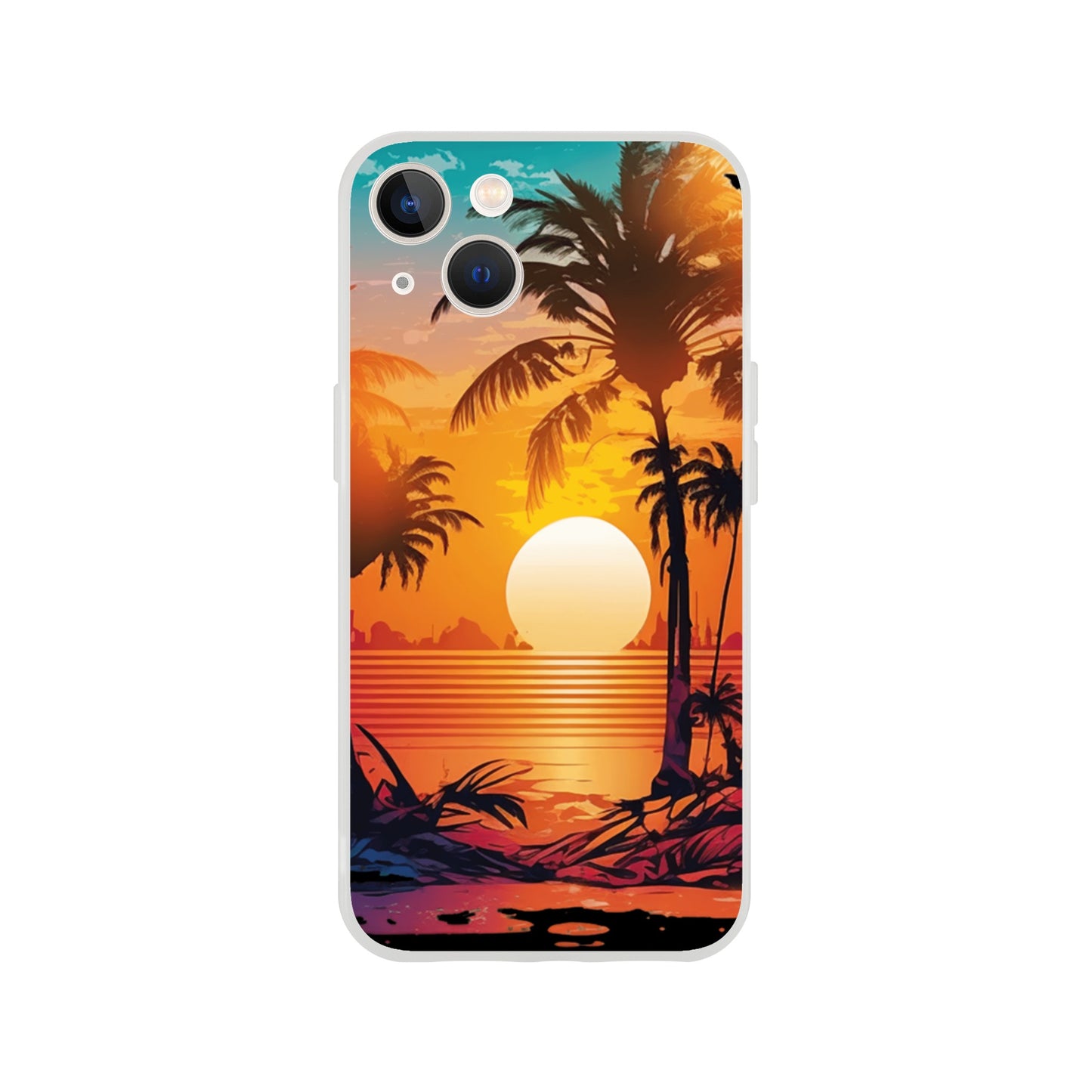 iPhone case with a tropical sunset design featuring palm trees and a beach 13