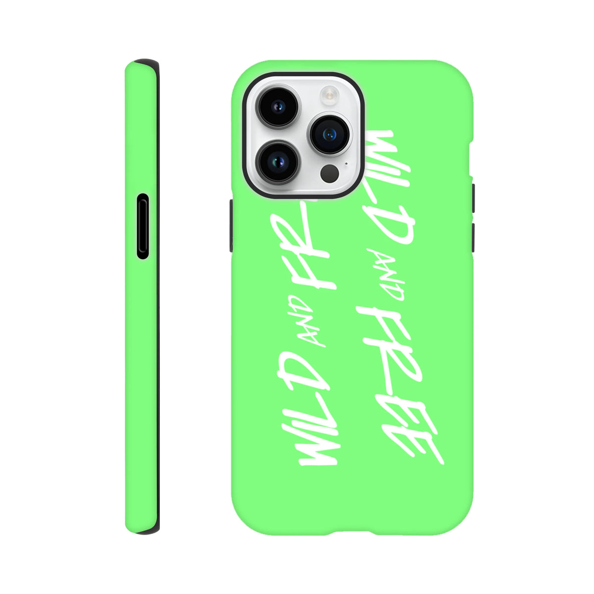 Lime green iPhone case with white Wild and Free Y2K graffiti text and shock-absorbing tough shell design.