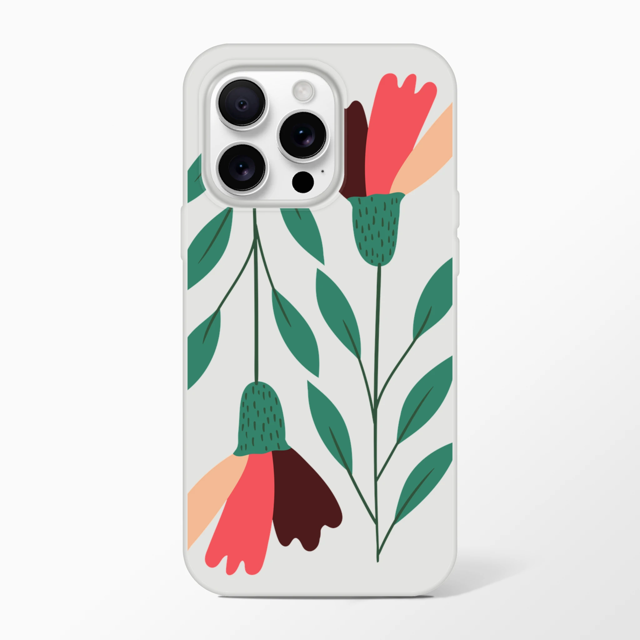 Floral slim, transparent protective phone case for iPhone 13–16 with green leaves and pink blossoms.