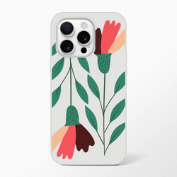 Floral slim, transparent protective phone case for iPhone 13–16 with green leaves and pink blossoms.