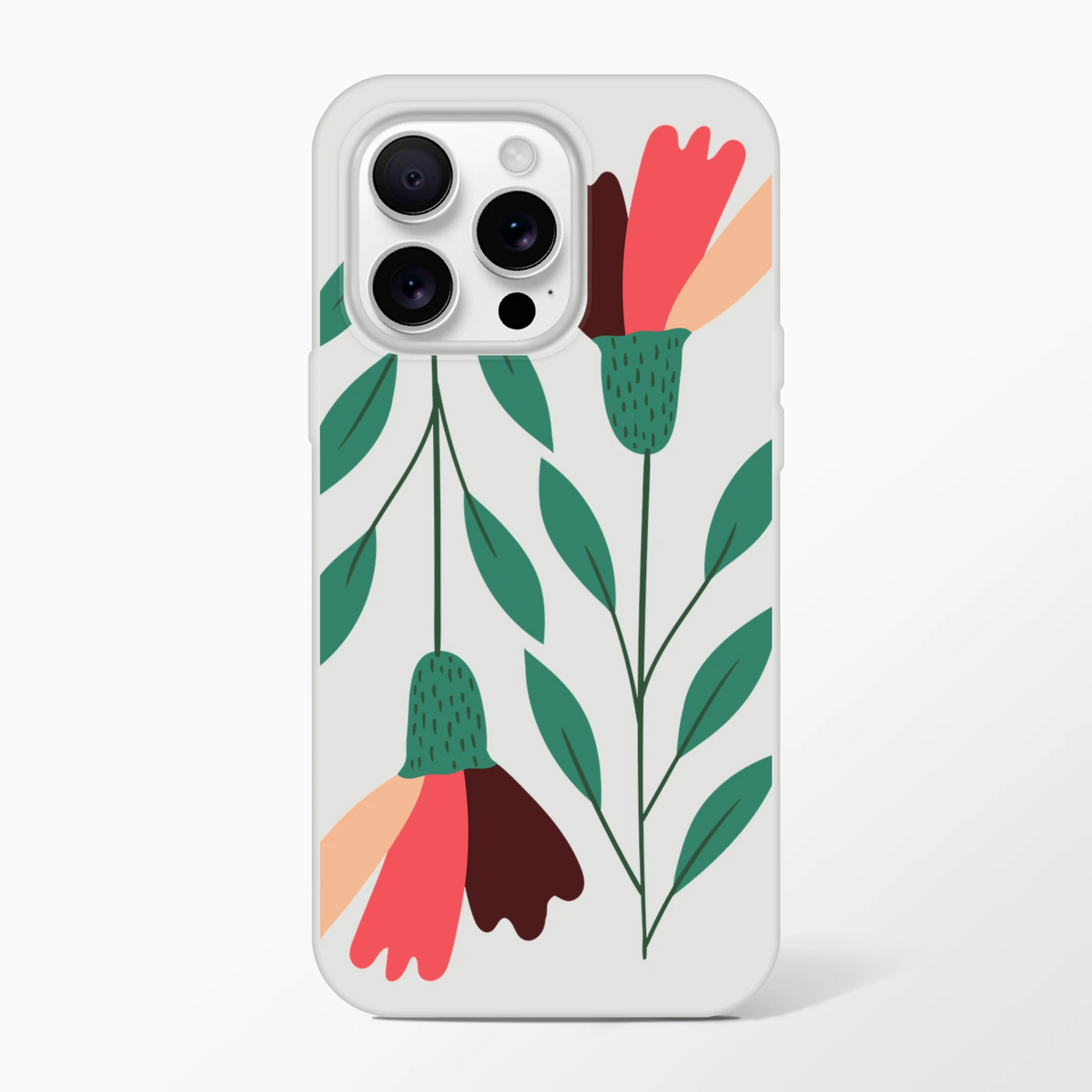 Floral slim, transparent protective phone case for iPhone 13–16 with green leaves and pink blossoms.