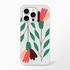 Floral slim, transparent protective phone case for iPhone 13–16 with green leaves and pink blossoms.