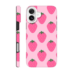 Pink tough iPhone case featuring a cute strawberry pattern with vibrant fruit graphics and raised camera protection.