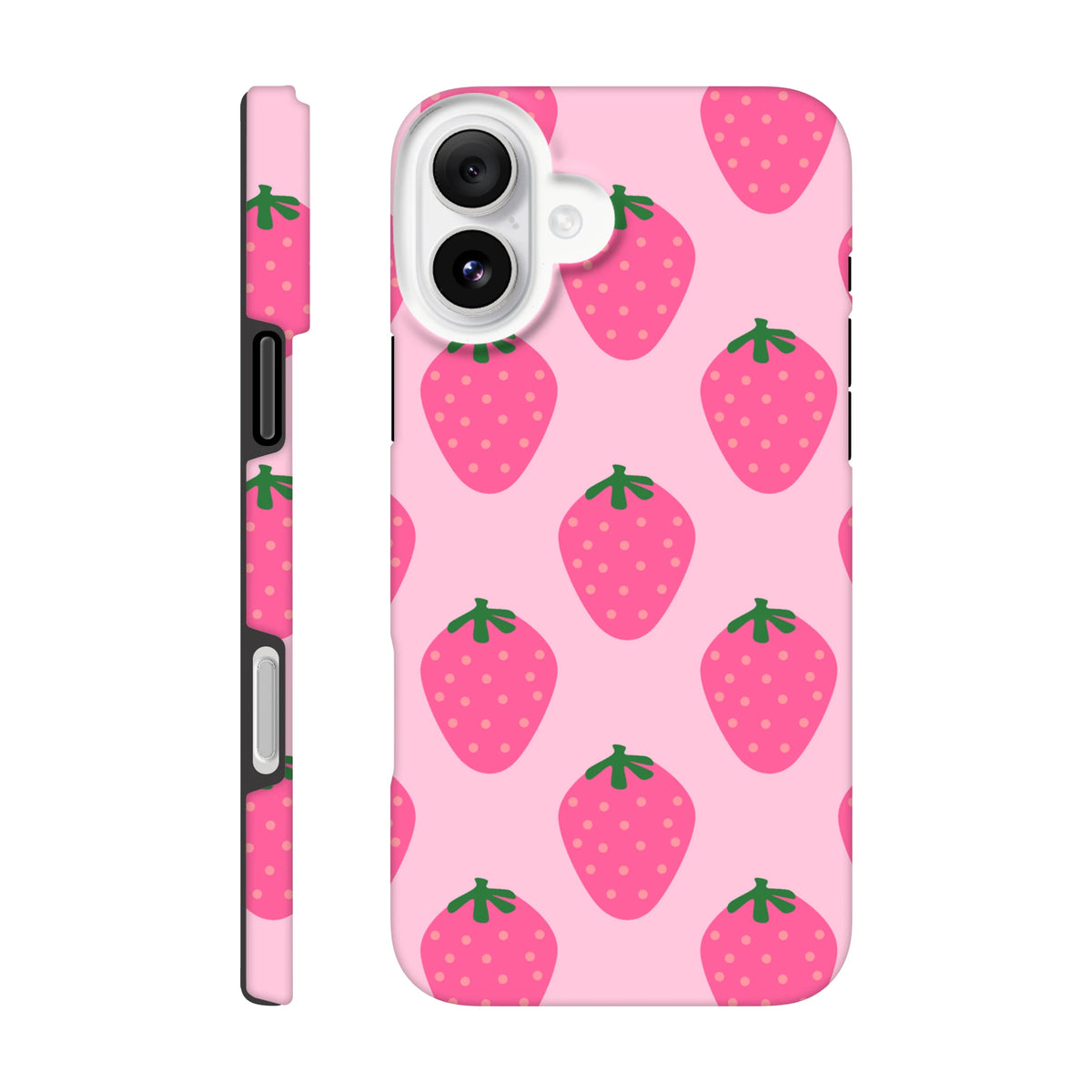 Pink tough iPhone case featuring a cute strawberry pattern with vibrant fruit graphics and raised camera protection.