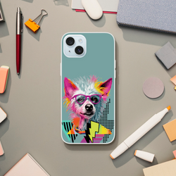 Funny dog iPhone case (13-16) with retro artwork of a colorful dog wearing pink glasses on turquoise background