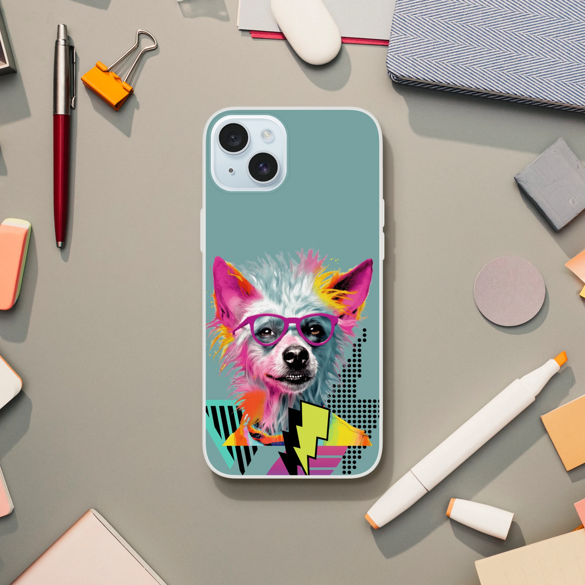 Funny dog iPhone case (13-16) with retro artwork of a colorful dog wearing pink glasses on turquoise background