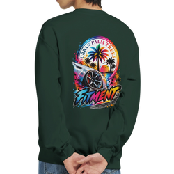Dark green petrolhead sweatshirt featuring a colorful "Fitment" car graphic with palm trees and a retro sunset design on the back.