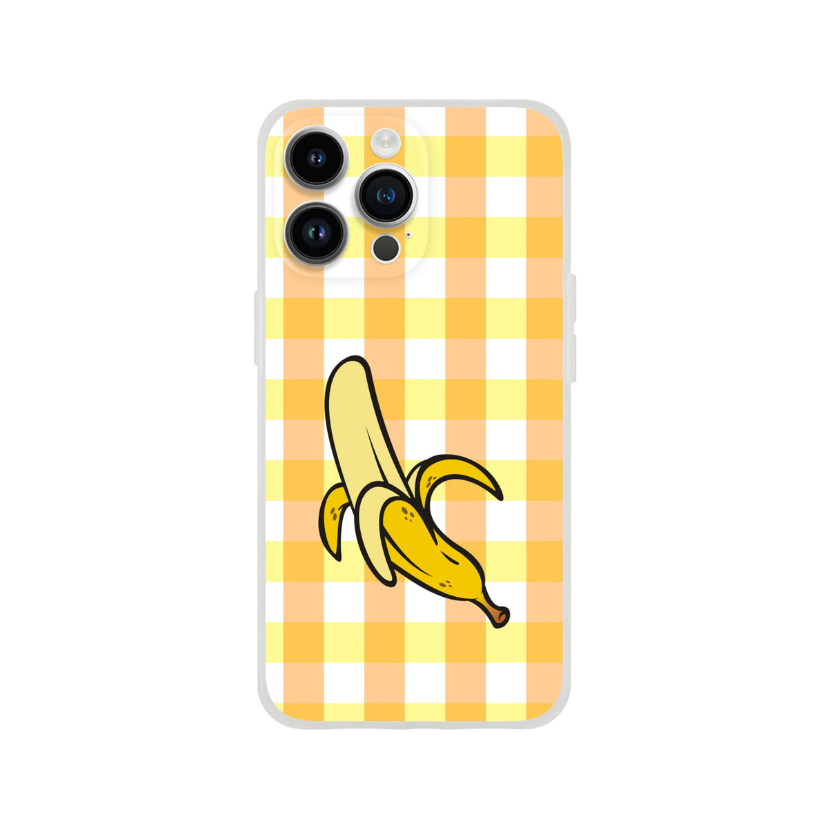 Yellow banana-gingham iPhone case for iPhone 13-16, bold streetwear accessory and protective shell.