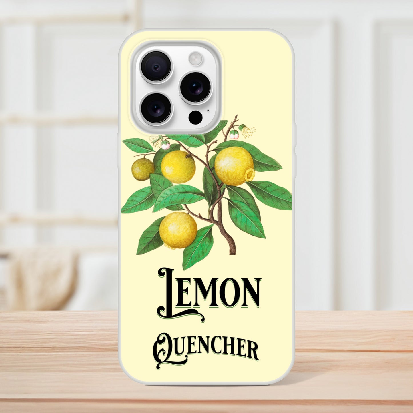 iPhone case with lemon design and 'Lemon Quencher' text on a light yellow background 18