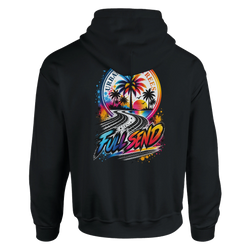 Black hoodie back with colorful "Full Send" graphic featuring tire tracks, palm trees, and retro sunset for modified car culture.