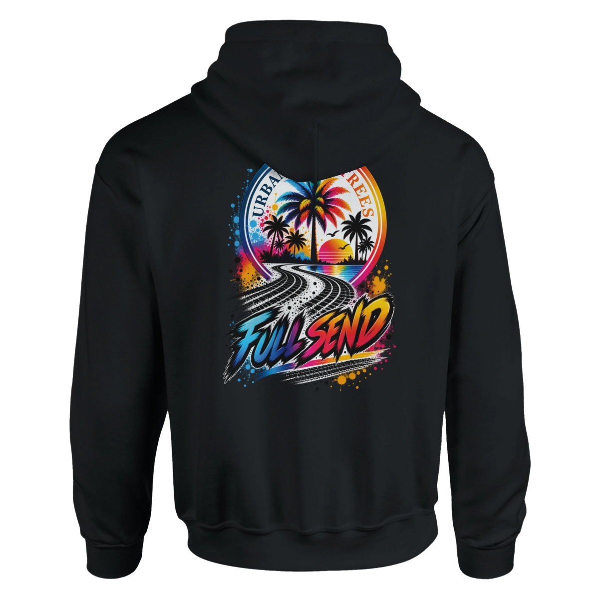 Black hoodie back with colorful "Full Send" graphic featuring tire tracks, palm trees, and retro sunset for modified car culture.