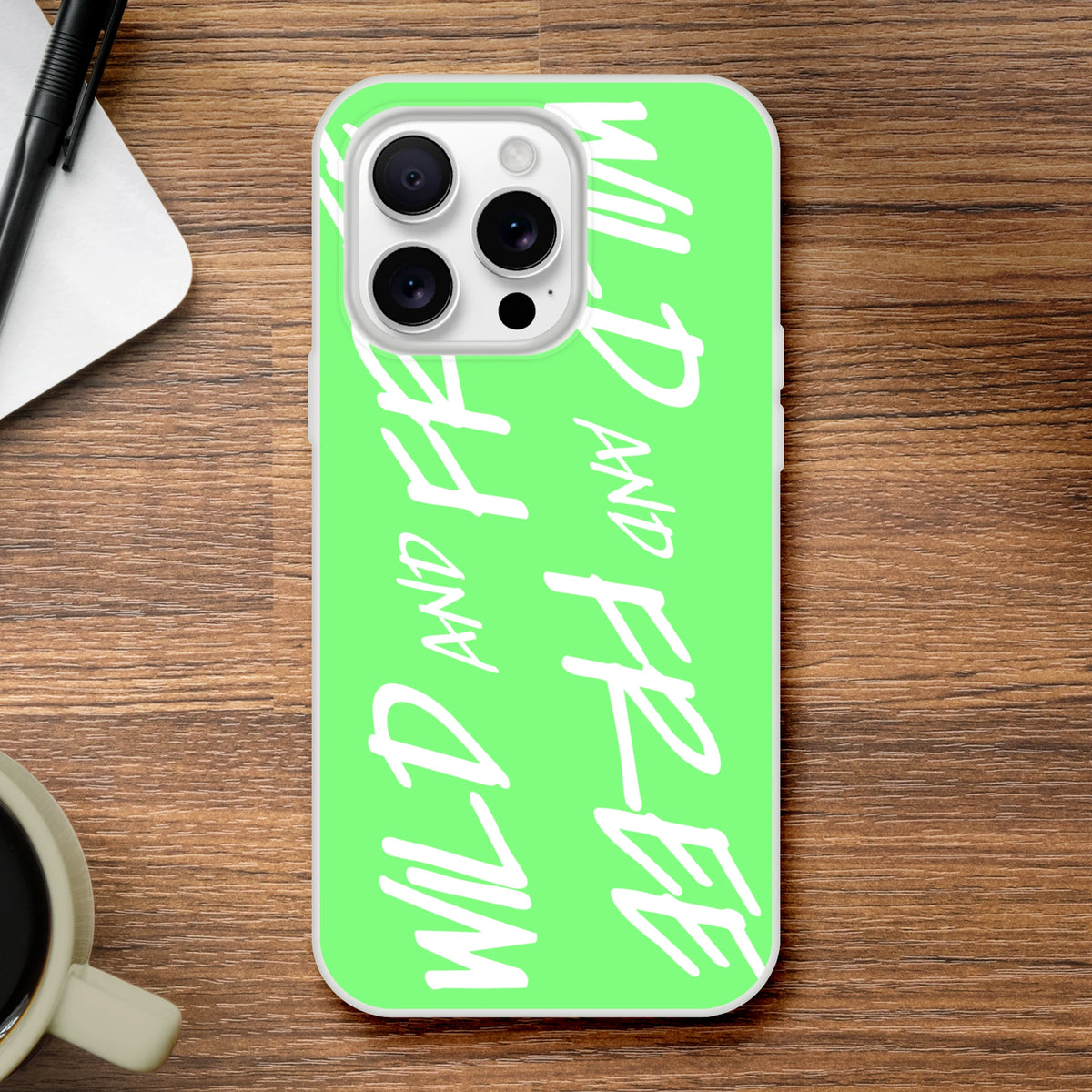 Bright green iPhone case for 13-16 with bold white slogan and triple-camera cutout.
