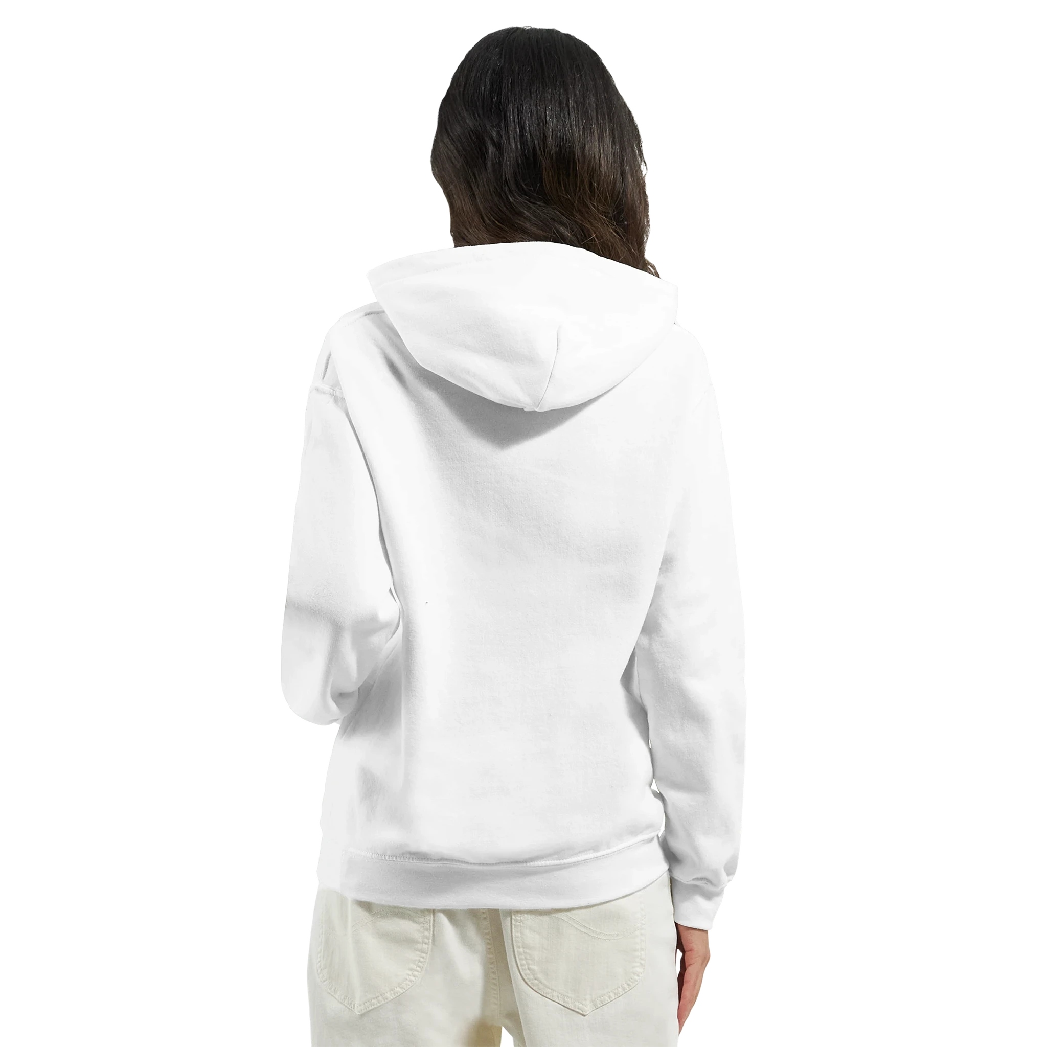 Back view of a woman in a white Women's Y2K Paradise Hoodie, a cute aesthetic pullover with urban palm trees vibe.