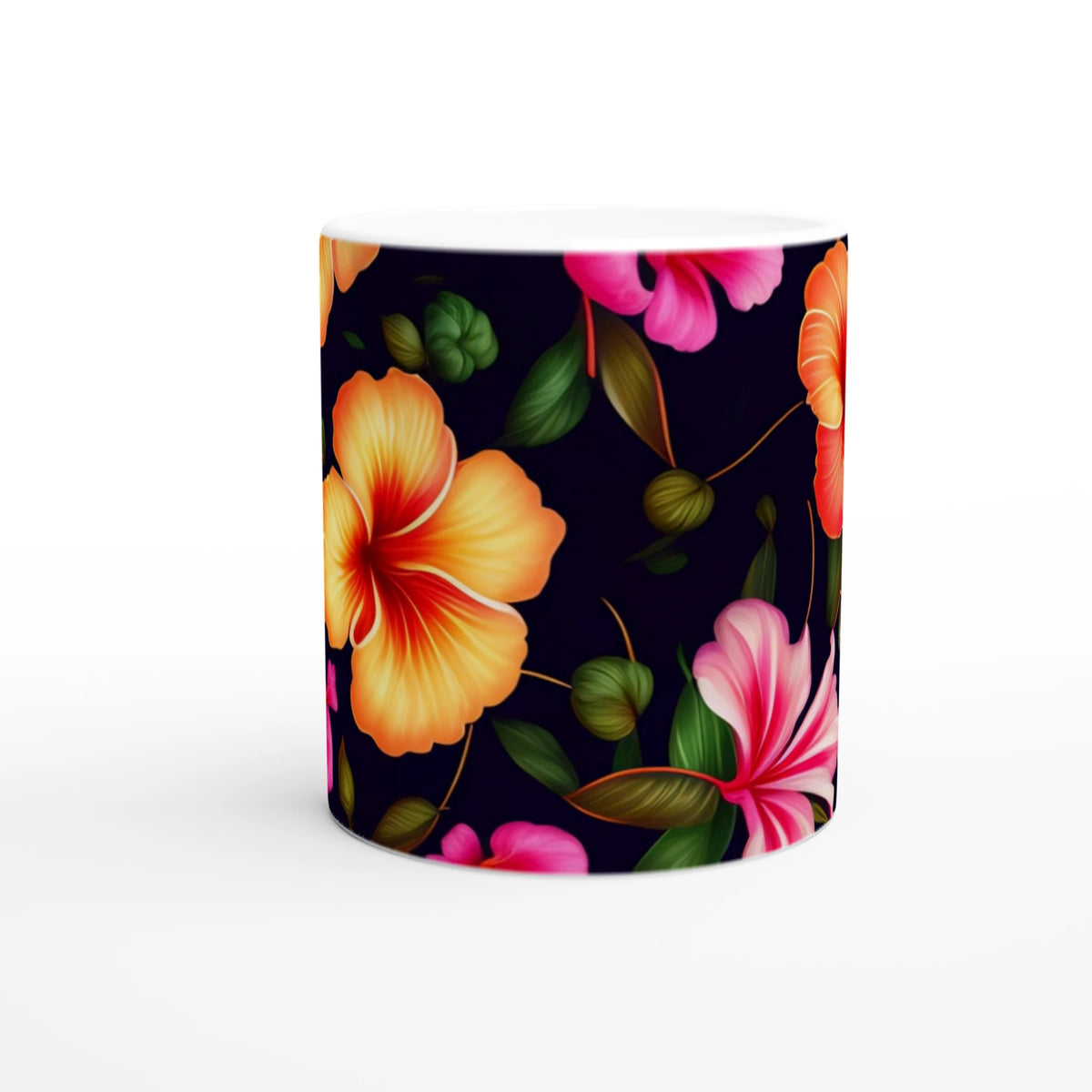 Tropical hibiscus mug with botanical floral design on a dark navy background.