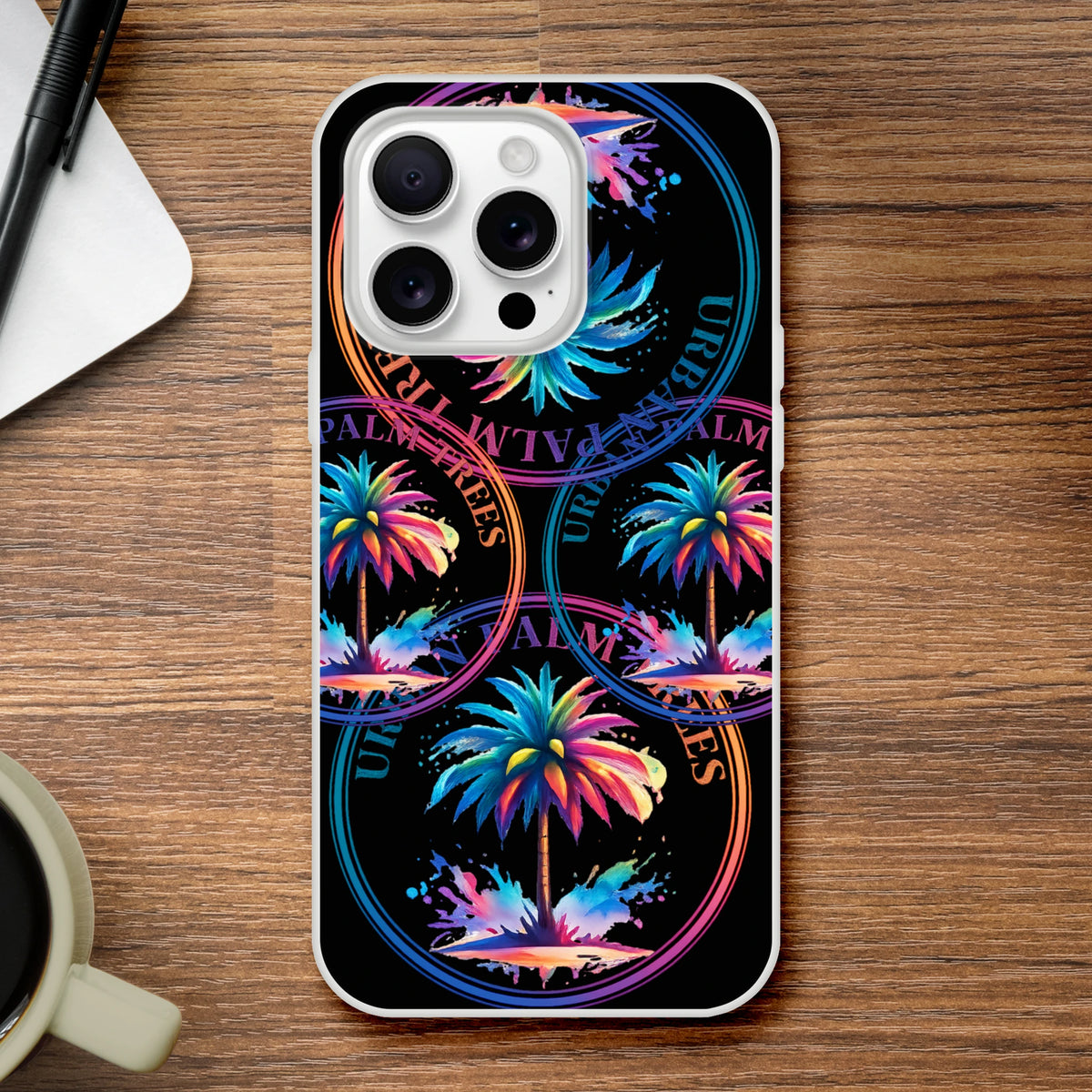 Urban Palm Trees iPhone Case (13-16), retro aesthetic palm artwork on matte black, slim and lightweight TPU protection