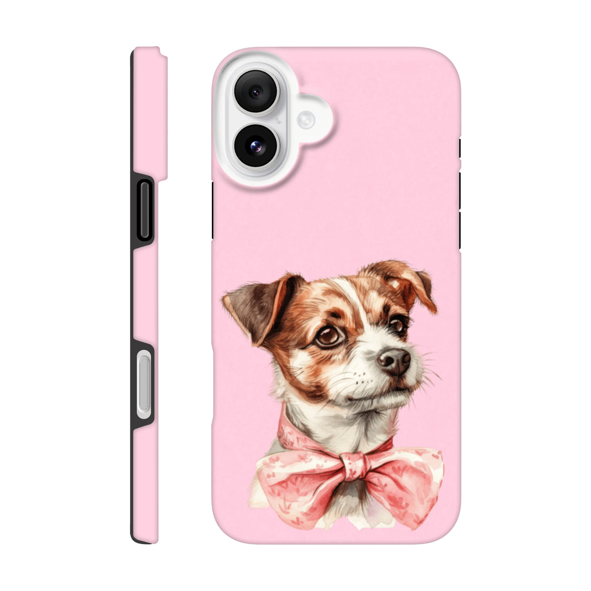 Pink tough iPhone case featuring a cute watercolor puppy wearing a floral pink bow tie. Shock-absorbent flex cover for city use.