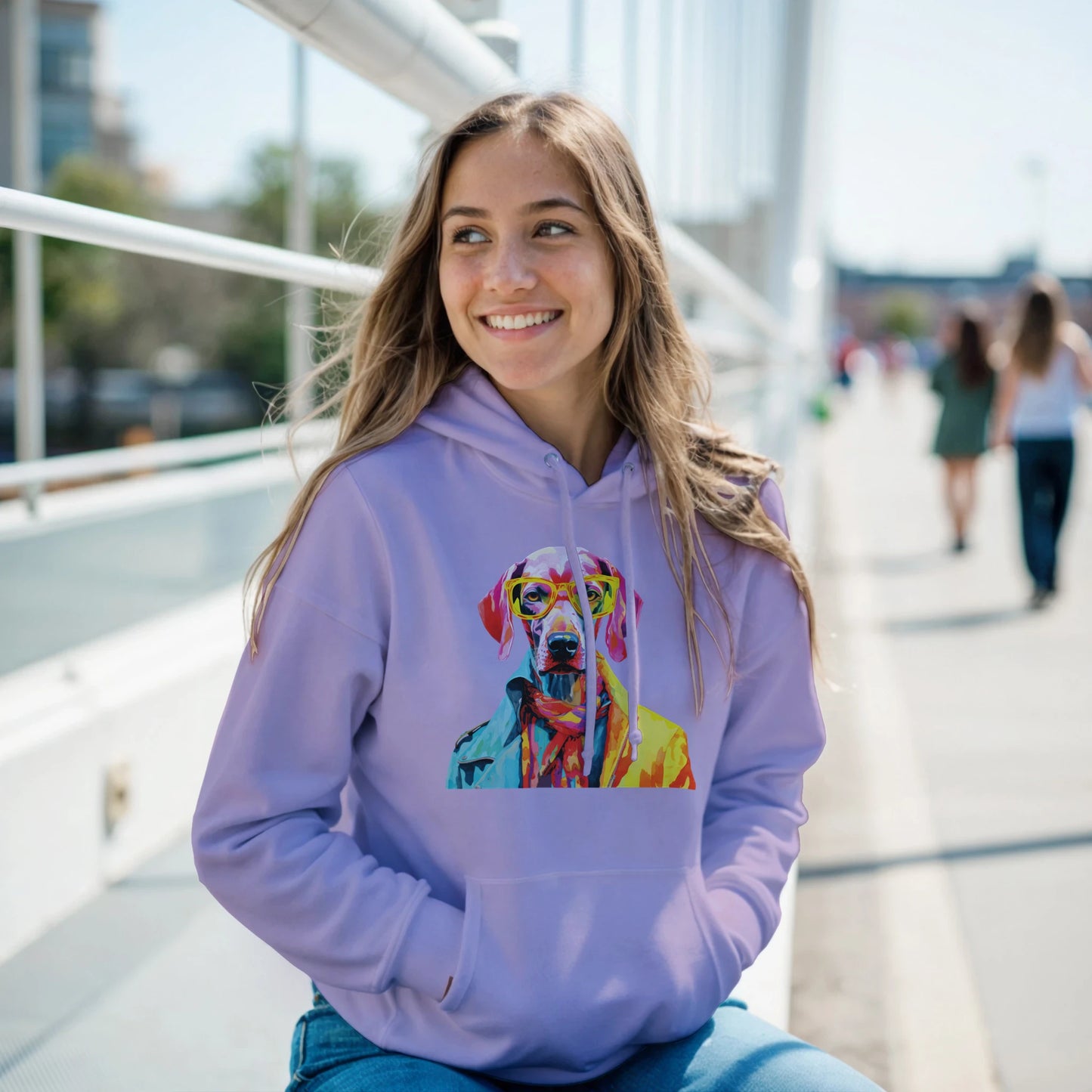 Young woman in lavender Gent Dog Jumper hoodie featuring a colorful dog graphic with glasses and a front pocket.