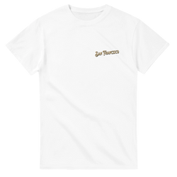 White T-shirt featuring metallic gold San Francisco wordmark on chest.
